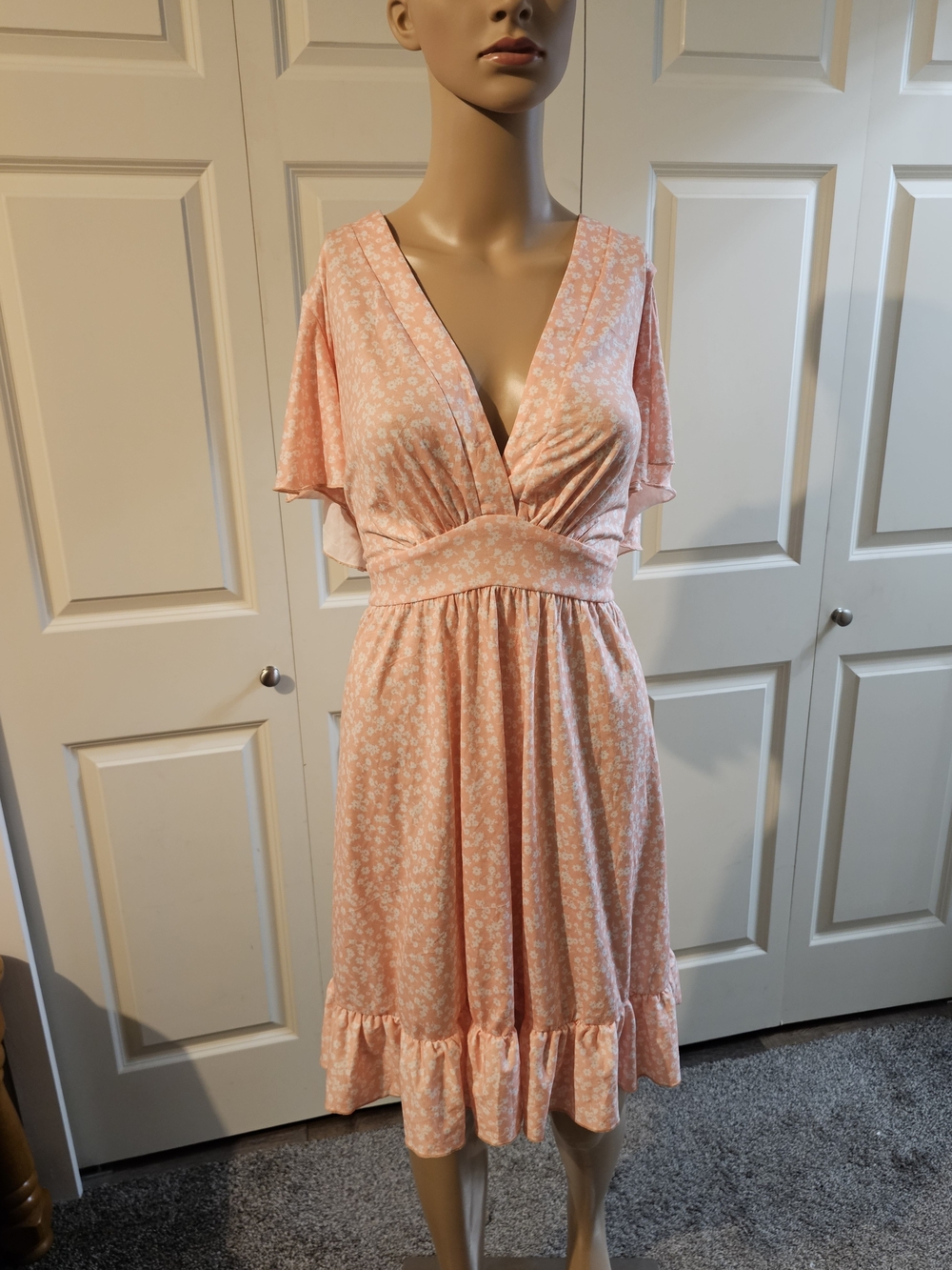 Torary Peach Floral V-Neck Ruffle-Hem Midi Dress